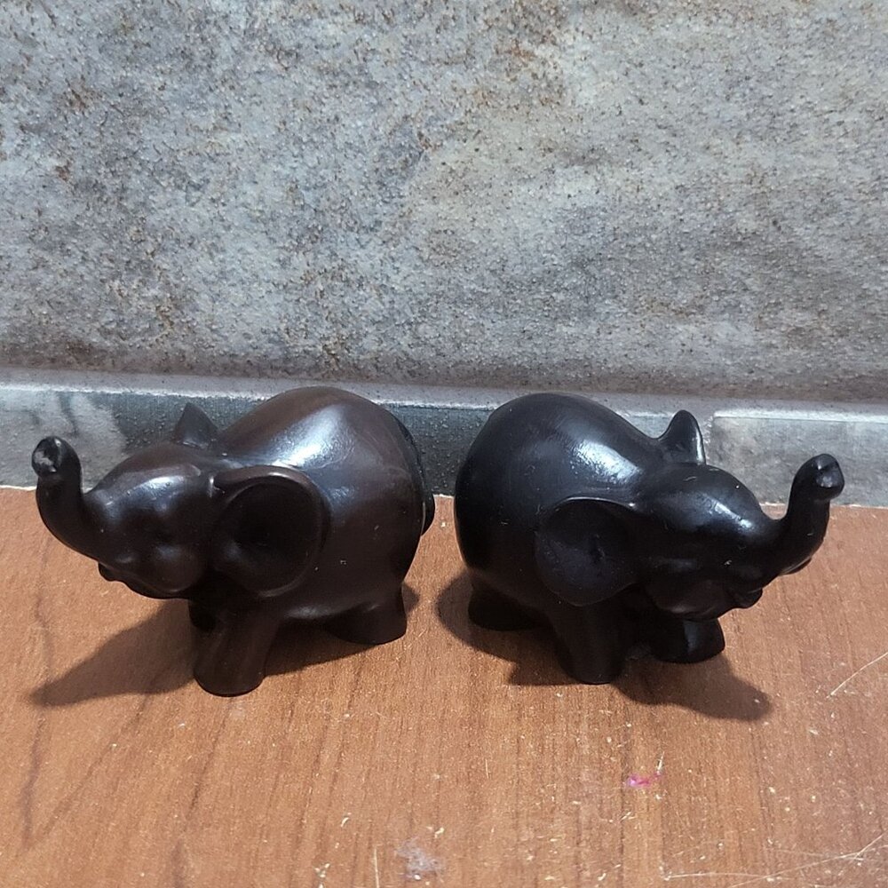 Mini Hard Carved Wooden Elephants Dark Brown Black Figurines Set of 2